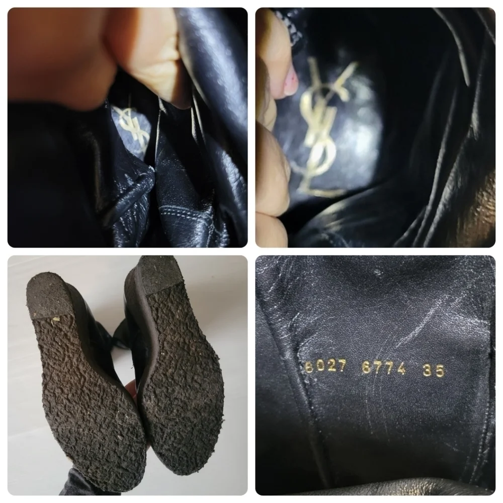 YSL Yves Saint Laurent Tall Black Leather Wedge Boots Vintage 90s Y2K